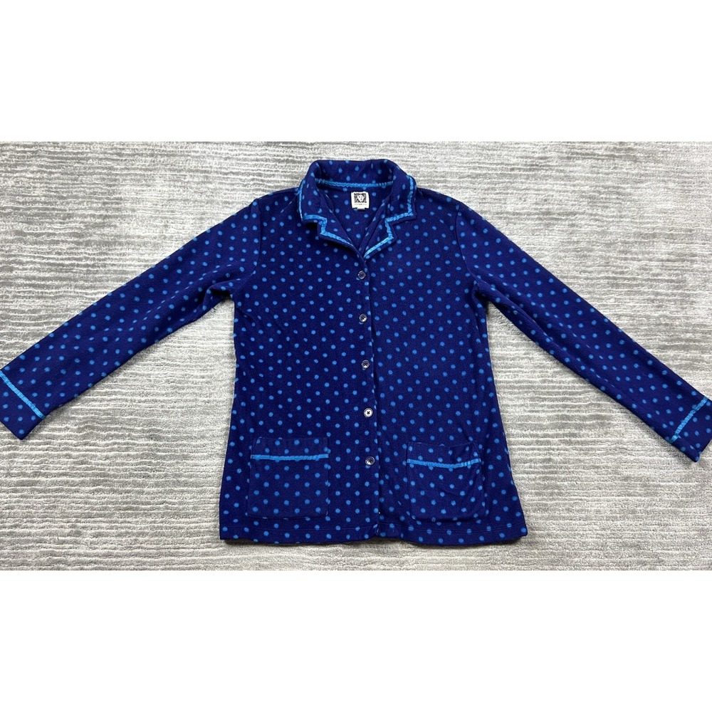 Anne Klein Pajama Top Womens Small Purple Blue Dot Fleece Button up Long Sleeve